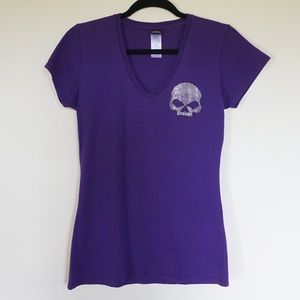 045. Harley-Davidson Ladies Willie G Skull V-neck Shirt Rhinestone Bling